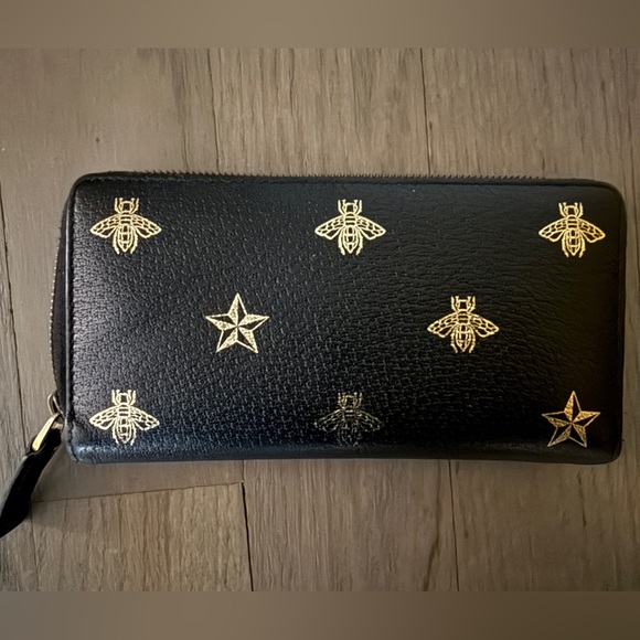 Gucci Handbags - Gucci Black Leather Gold Bee and Star Long Zip Wallet unisex